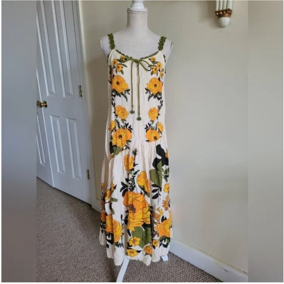 Farm Rio Anthropologie Linen Sleeveless V-Neck A-Line Maxi Midi Dress size M - Picture 5 of 9